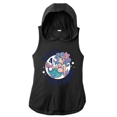 Happy 4th Birthday Cute Mermaid Ladies PosiCharge Tri-Blend Wicking Draft Hoodie Tank