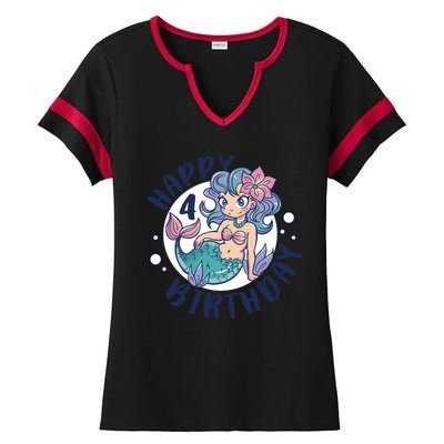 Happy 4th Birthday Cute Mermaid Ladies Halftime Notch Neck Tee