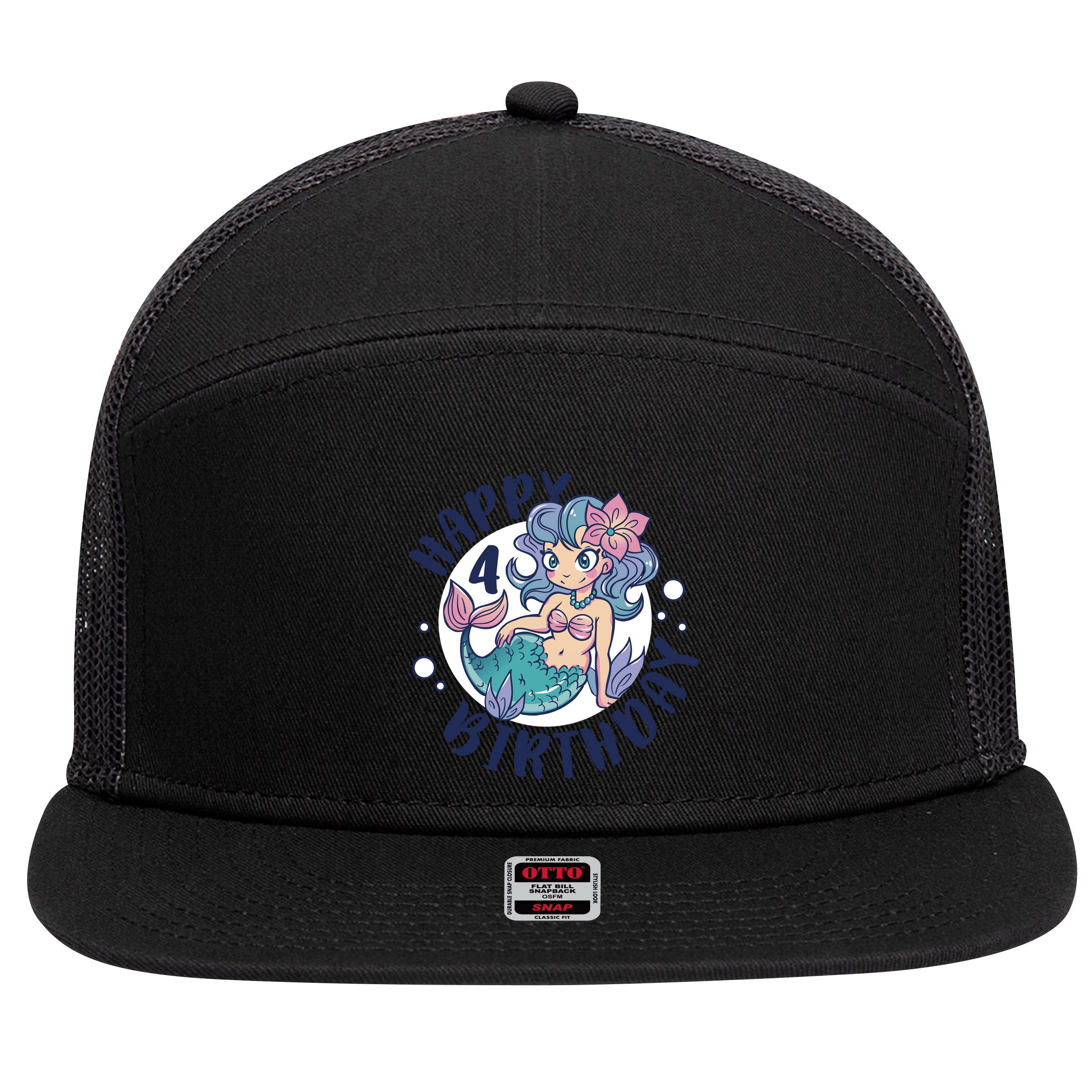 Happy 4th Birthday Cute Mermaid 7 Panel Mesh Trucker Snapback Hat
