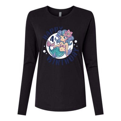 Happy 4th Birthday Cute Mermaid Womens Cotton Relaxed Long Sleeve T-Shirt