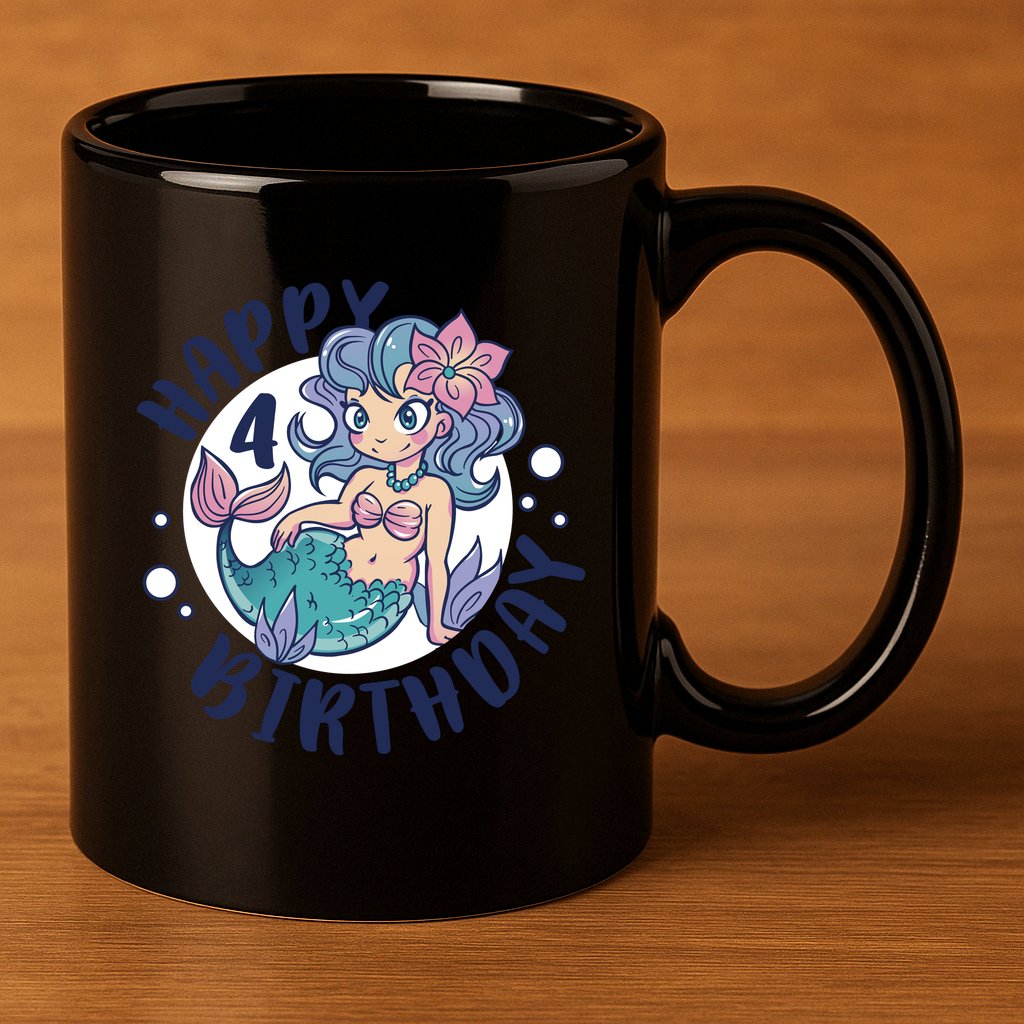 Happy 4th Birthday Cute Mermaid 11oz C Handle Ceramic Mug