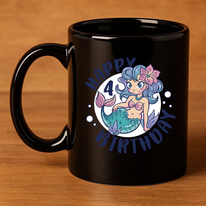 Happy 4th Birthday Cute Mermaid 11oz C Handle Ceramic Mug