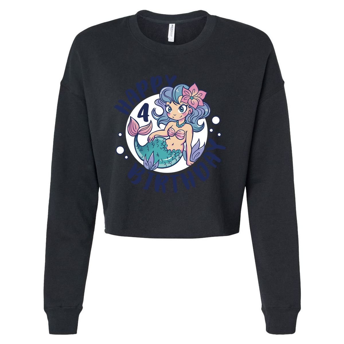 Happy 4th Birthday Cute Mermaid Cropped Pullover Crew
