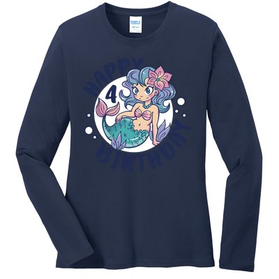 Happy 4th Birthday Cute Mermaid Ladies Long Sleeve Shirt