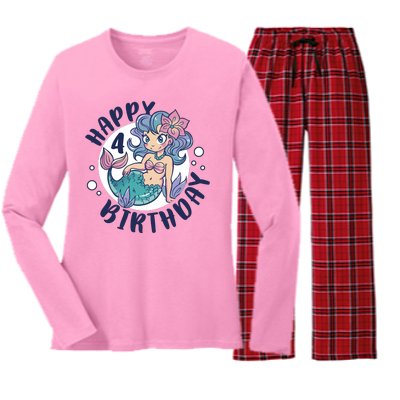 Happy 4th Birthday Cute Mermaid Women's Long Sleeve Flannel Pajama Set 