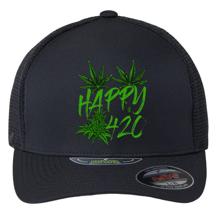 Happy 420 Day Cannabis Weed Marijuana Leaf Lovers Flexfit Unipanel Trucker Cap