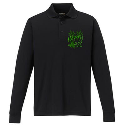 Happy 420 Day Cannabis Weed Marijuana Leaf Lovers Performance Long Sleeve Polo