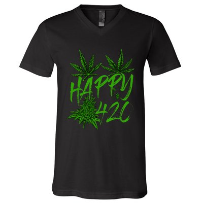 Happy 420 Day Cannabis Weed Marijuana Leaf Lovers V-Neck T-Shirt