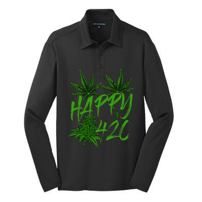 Happy 420 Day Cannabis Weed Marijuana Leaf Lovers Silk Touch Performance Long Sleeve Polo