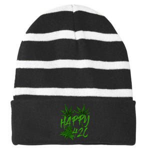 Happy 420 Day Cannabis Weed Marijuana Leaf Lovers Striped Beanie with Solid Band