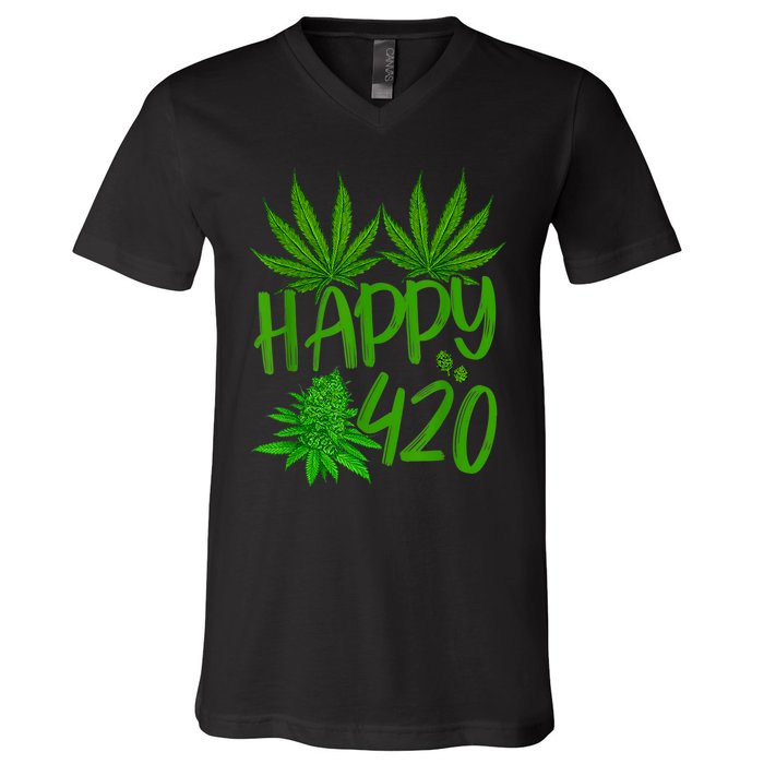 Happy 420 Day Cannabis Weed Marijuana Leaf Lovers Men Women V-Neck T-Shirt