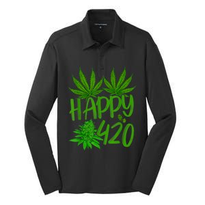 Happy 420 Day Cannabis Weed Marijuana Leaf Lovers Men Women Silk Touch Performance Long Sleeve Polo