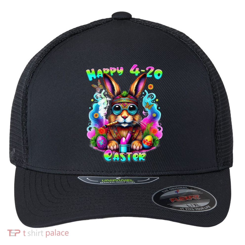 Happy 420 Easter Day Bunny Smoking Weed Marijuana Funny 420 Flexfit Unipanel Trucker Cap