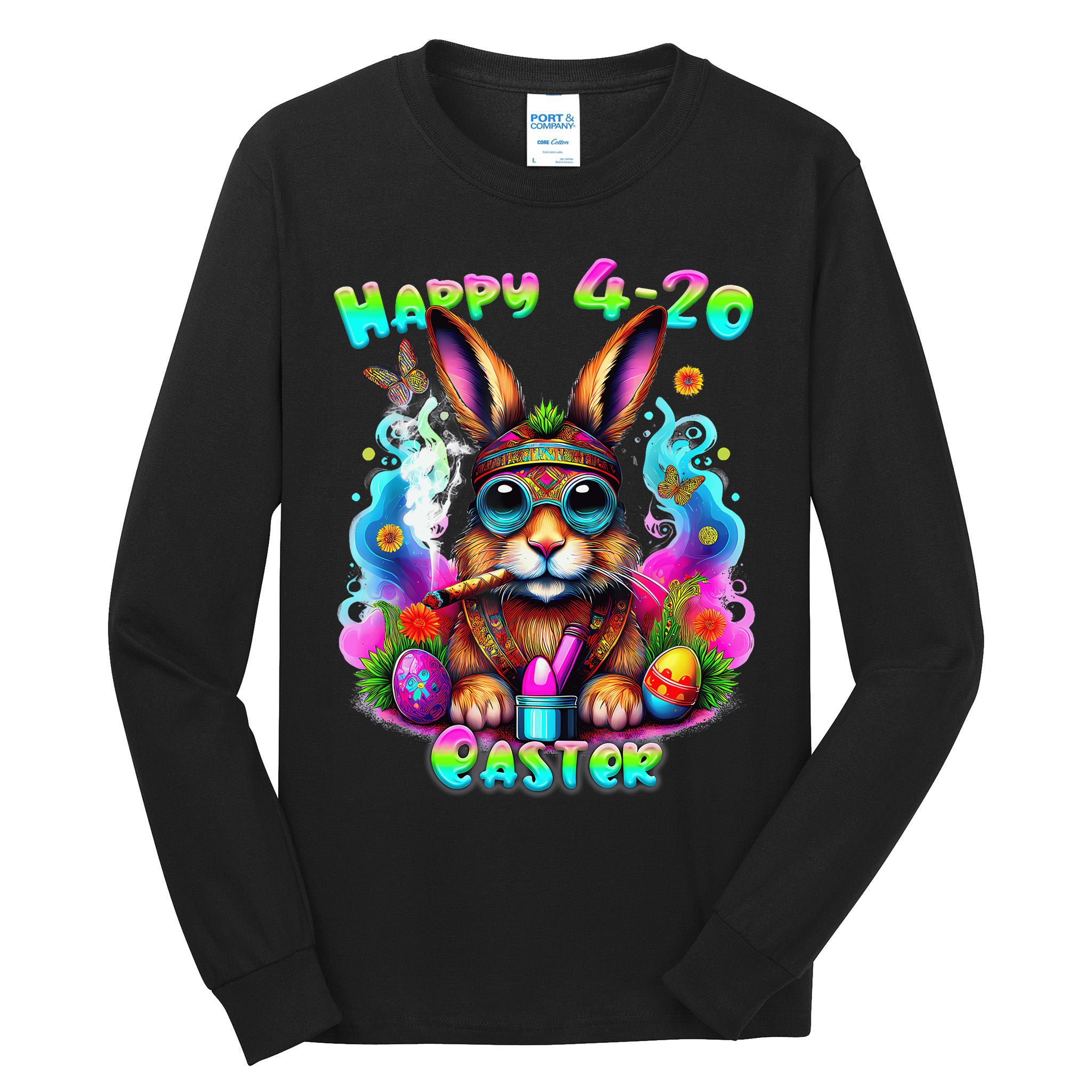 Happy 420 Easter Day Bunny Smoking Weed Marijuana Funny 420 Tall Long Sleeve T-Shirt