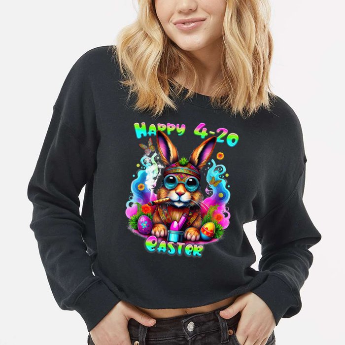 Happy 420 Easter Day Bunny Smoking Weed Marijuana Funny 420 Cropped Pullover Crew