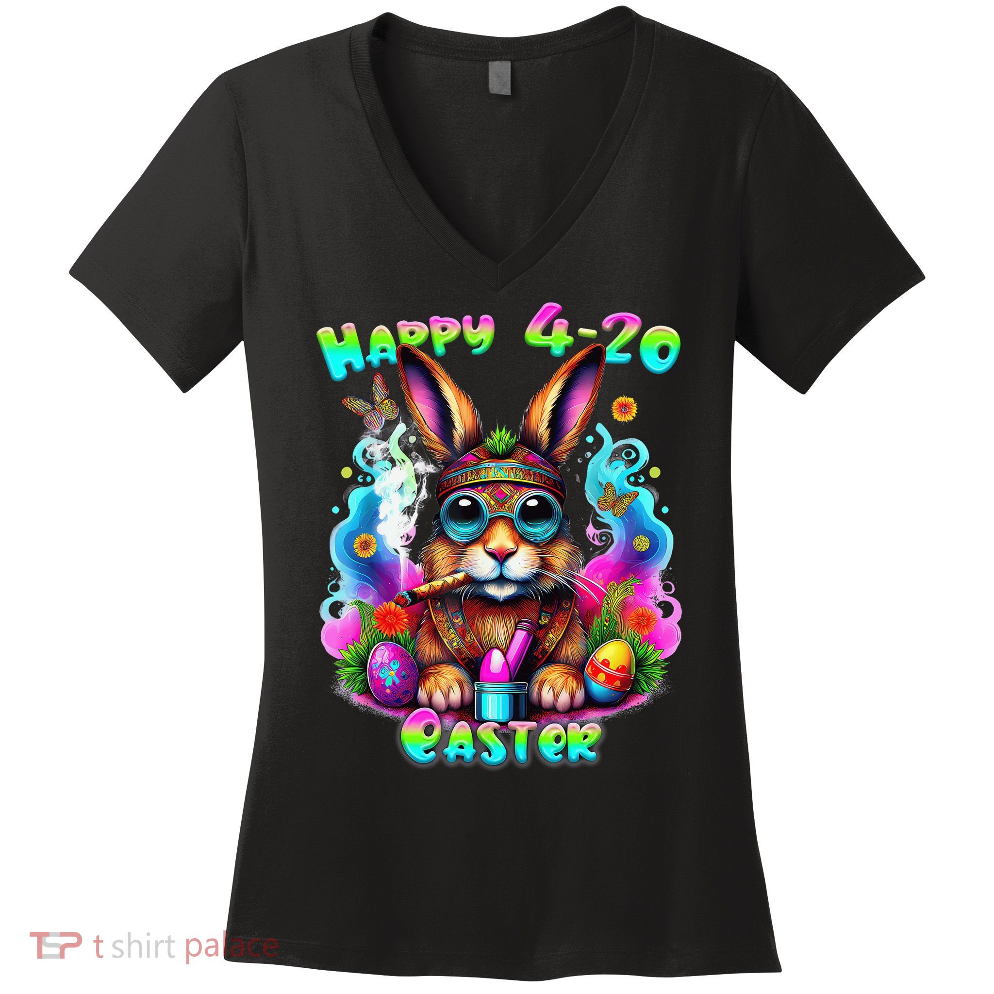 Happy 420 Easter Day Bunny Smoking Weed Marijuana Funny 420 Women's V-Neck T-Shirt