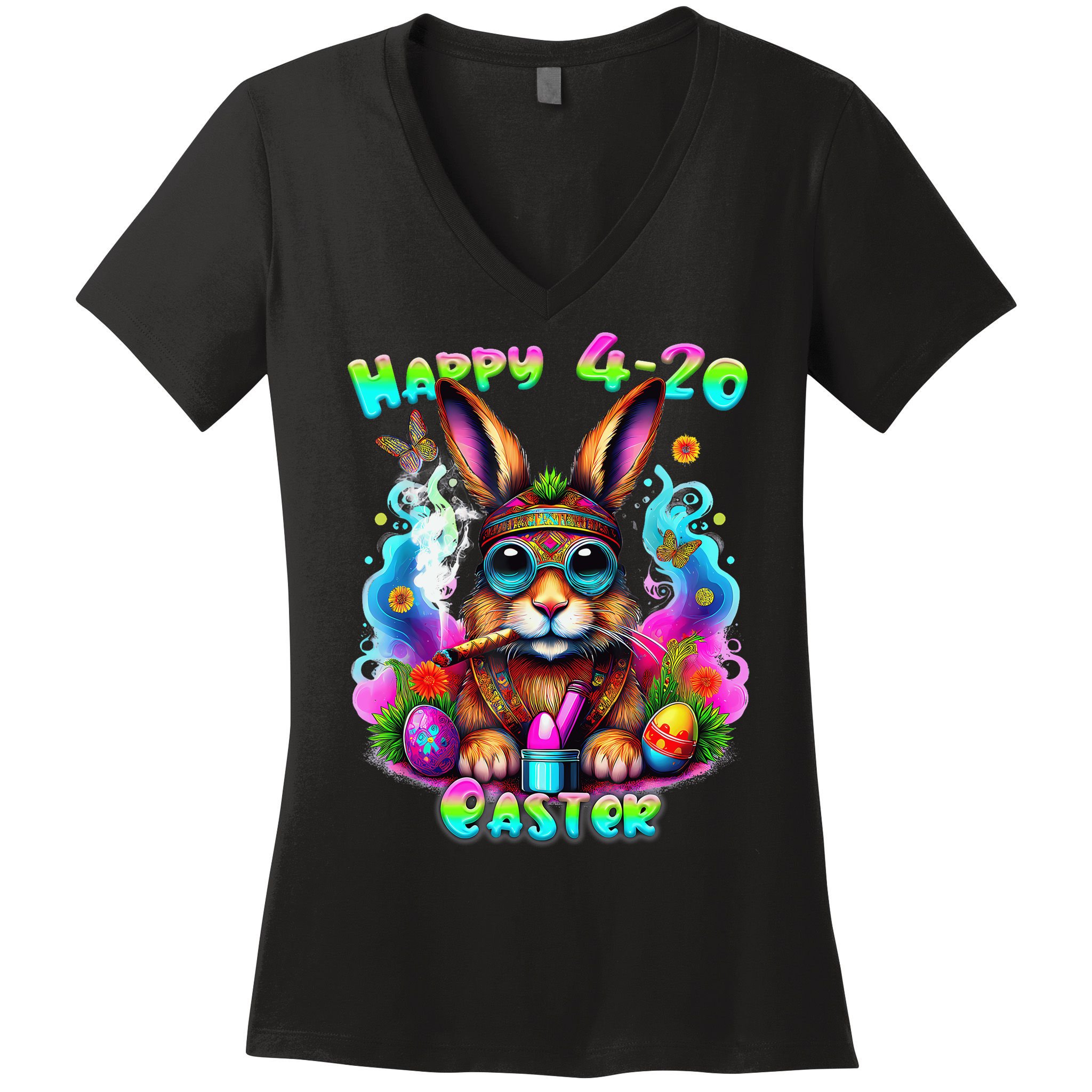 Happy 420 Easter Day Bunny Smoking Weed Marijuana Funny 420 Women's V-Neck T-Shirt