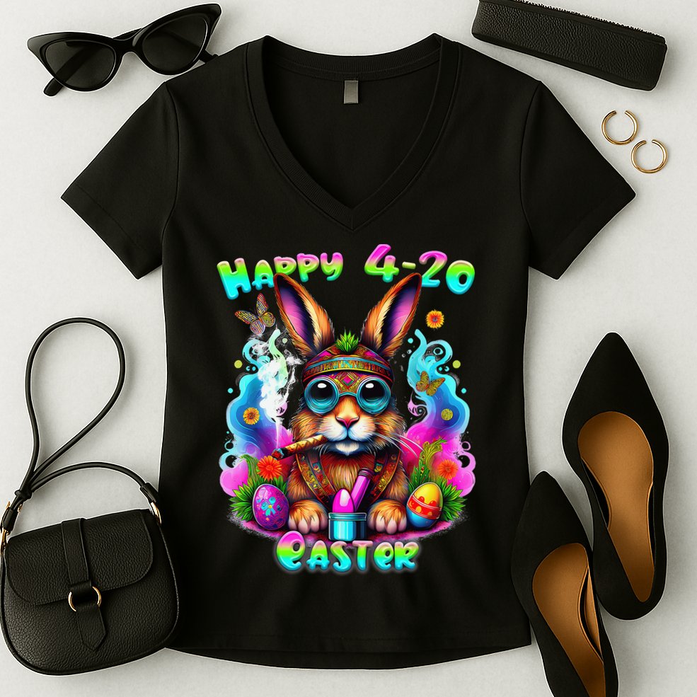 Happy 420 Easter Day Bunny Smoking Weed Marijuana Funny 420 Women's V-Neck T-Shirt