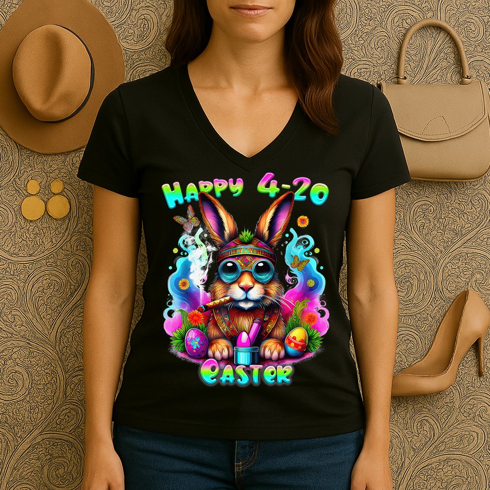 Happy 420 Easter Day Bunny Smoking Weed Marijuana Funny 420 Women's V-Neck T-Shirt