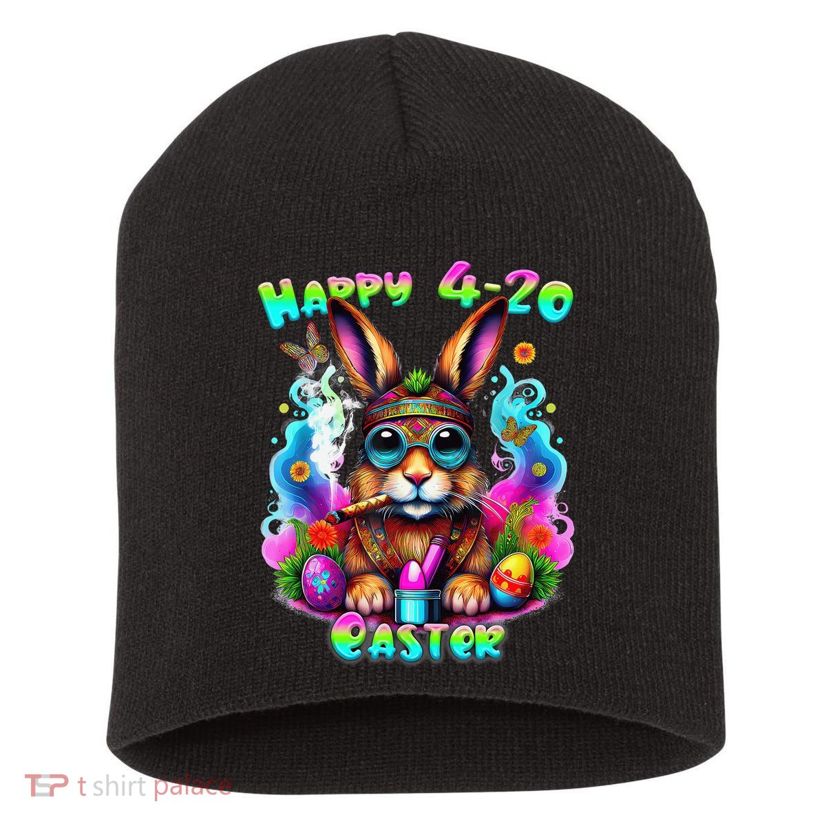 Happy 420 Easter Day Bunny Smoking Weed Marijuana Funny 420 Short Acrylic Beanie