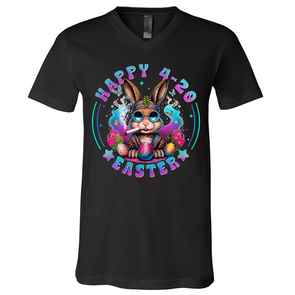 Happy 420 Easter Bunny Smoking Weed Funny  V-Neck T-Shirt
