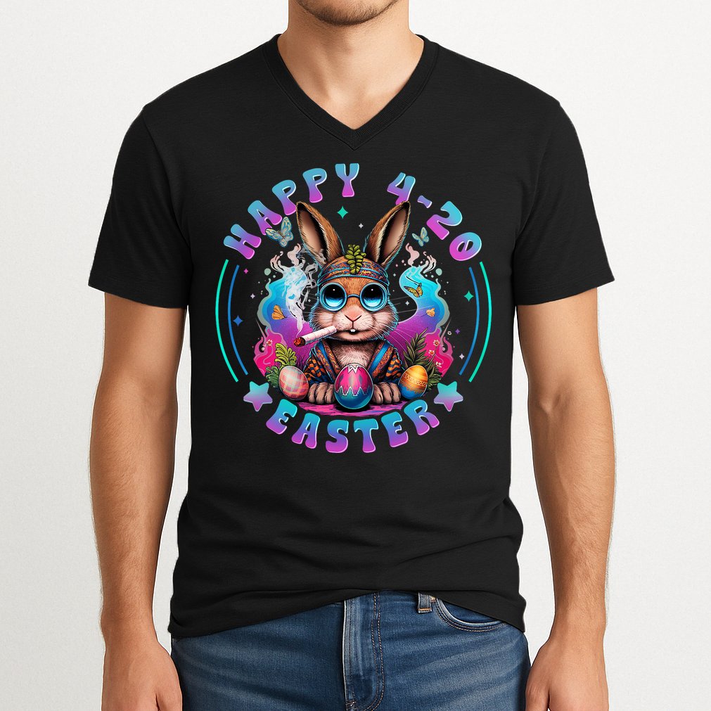 Happy 420 Easter Bunny Smoking Weed Funny  V-Neck T-Shirt