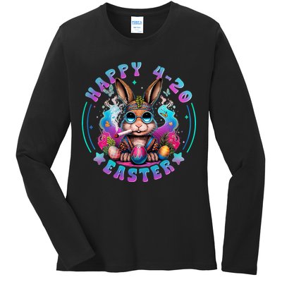 Happy 420 Easter Bunny Smoking Weed Funny  Ladies Long Sleeve Shirt