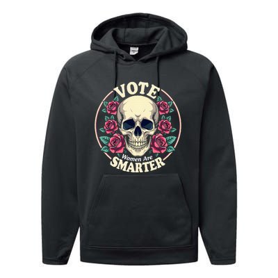 Harris 47 Feminist Vote Women Are Smarter Vintage Skull Rose Performance Fleece Hoodie