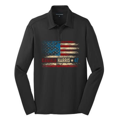 Harris 47 For President Usa American Flag Kamala Harris 2024 Silk Touch Performance Long Sleeve Polo