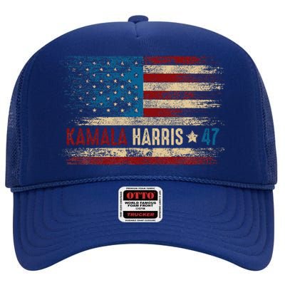 Harris 47 For President Usa American Flag Kamala Harris 2024 High Crown Mesh Back Trucker Hat