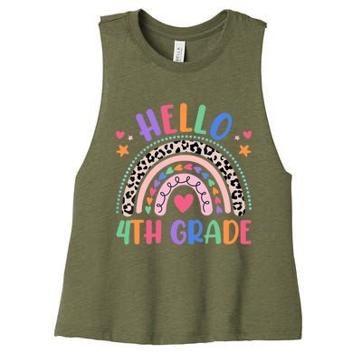 Hello 4th Grade Leopard Boho Rainbow Back To School Women's Racerback Cropped Tank