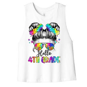 Hello 4th Grade Messy Hair Bun Girl Back To School First Day Women's Racerback Cropped Tank