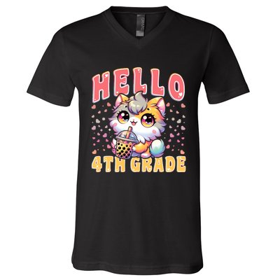 Hello 4th Grade Cat Girl For First Day Of 4th Grade Girl V-Neck T-Shirt