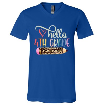 Hello 4Th Grade Leopard Pencil Back To School Fourth Grader Gift V-Neck T-Shirt