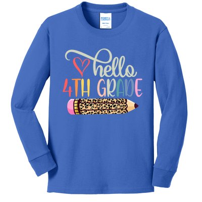 Hello 4Th Grade Leopard Pencil Back To School Fourth Grader Gift Kids Long Sleeve Shirt