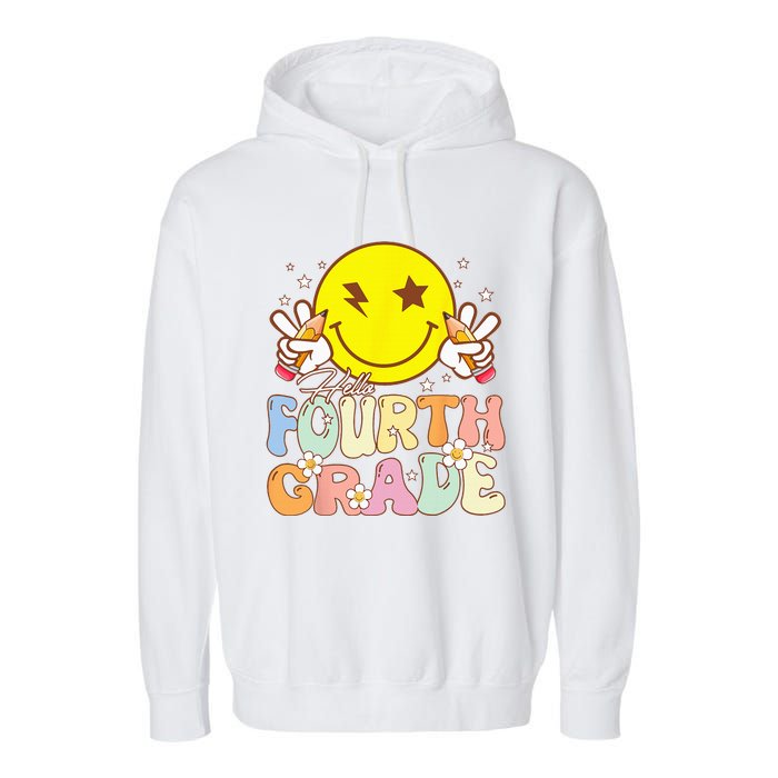 Hello 4th Grade Fourth Grade Funny Smile Face Back To School Garment-Dyed Fleece Hoodie