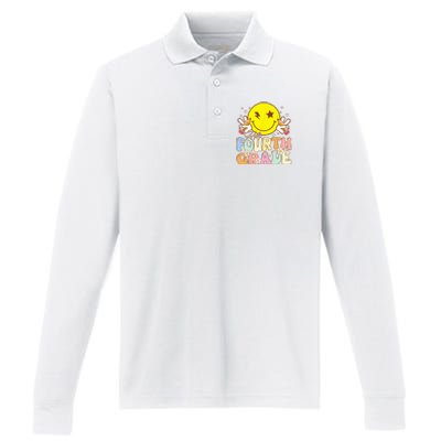 Hello 4th Grade Fourth Grade Funny Smile Face Back To School Performance Long Sleeve Polo