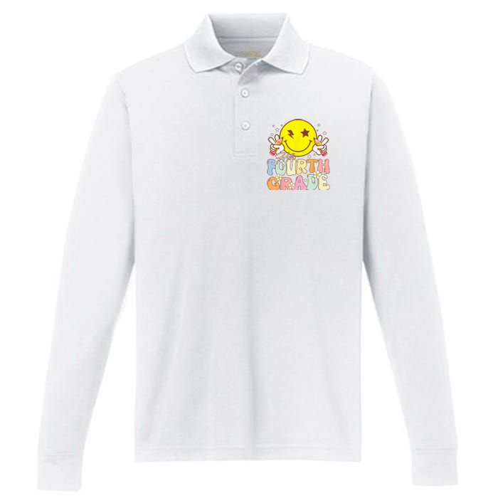 Hello 4th Grade Fourth Grade Funny Smile Face Back To School Performance Long Sleeve Polo