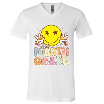 Hello 4th Grade Fourth Grade Funny Smile Face Back To School V-Neck T-Shirt