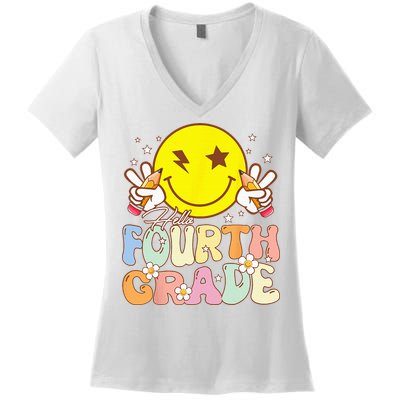 Hello 4th Grade Fourth Grade Funny Smile Face Back To School Women's V-Neck T-Shirt