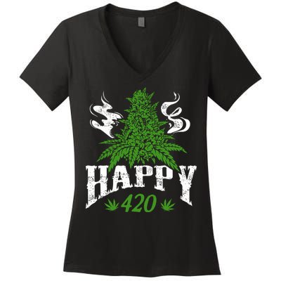 Happy 420 Marijuana Merch To Celebrate Weed Day On 420 Women's V-Neck T-Shirt