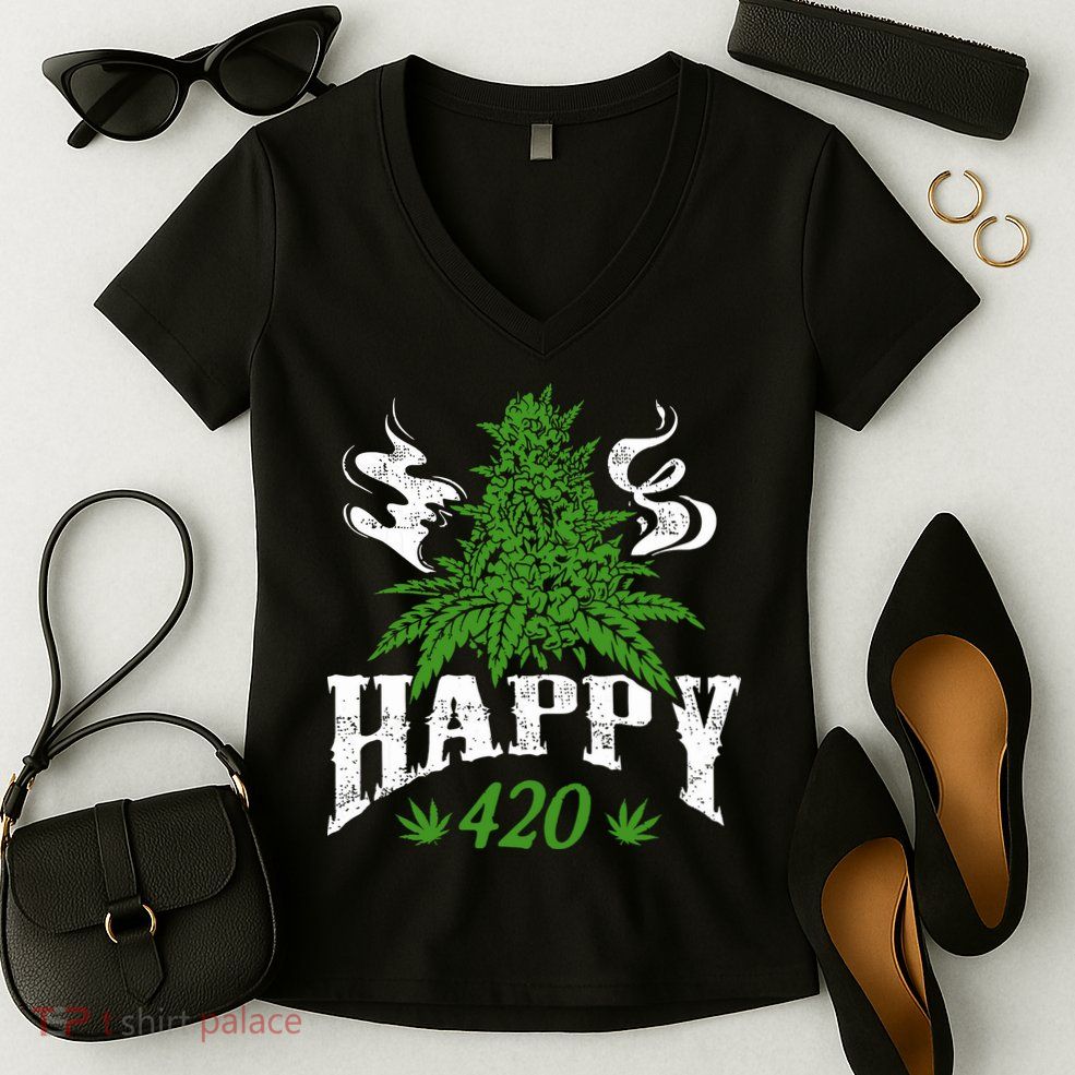 Happy 420 Marijuana Merch To Celebrate Weed Day On 420 Women's V-Neck T-Shirt
