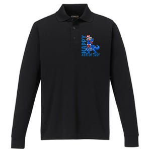 Happy 4th Of July Trex Dinosaur American Dino Performance Long Sleeve Polo