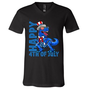 Happy 4th Of July Trex Dinosaur American Dino V-Neck T-Shirt