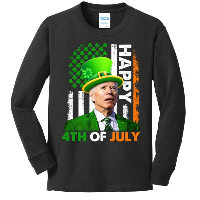 Happy 4th Of July Joe Biden St Patricks Day Leprechaun American Flag Kids Long Sleeve Shirt