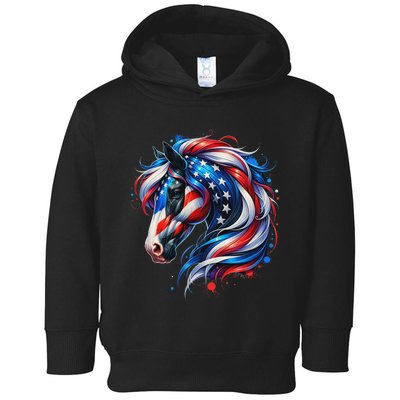 Horse 4th Of July Patriotic Horse Graphic American Flag Toddler Hoodie