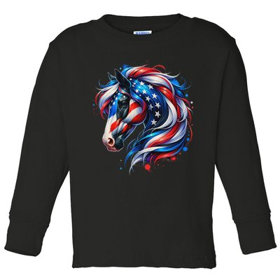 Horse 4th Of July Patriotic Horse Graphic American Flag Toddler Long Sleeve Shirt