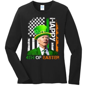 Happy 4th Of Easter Joe Biden St Patricks Day Leprechaun American Flag Ladies Long Sleeve Shirt