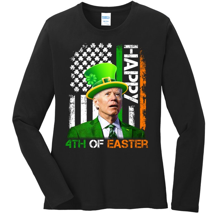 Happy 4th Of Easter Joe Biden St Patricks Day Leprechaun American Flag Ladies Long Sleeve Shirt