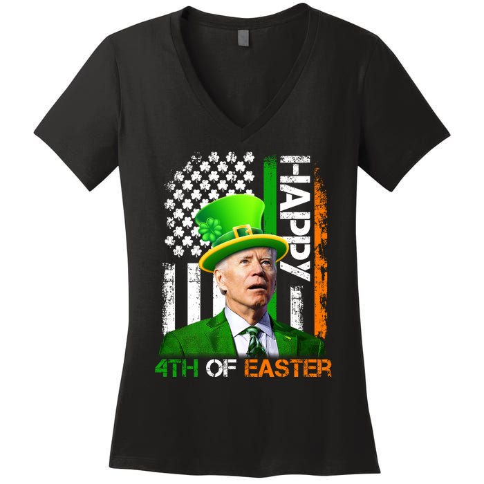 Happy 4th Of Easter Joe Biden St Patricks Day Leprechaun American Flag Women's V-Neck T-Shirt